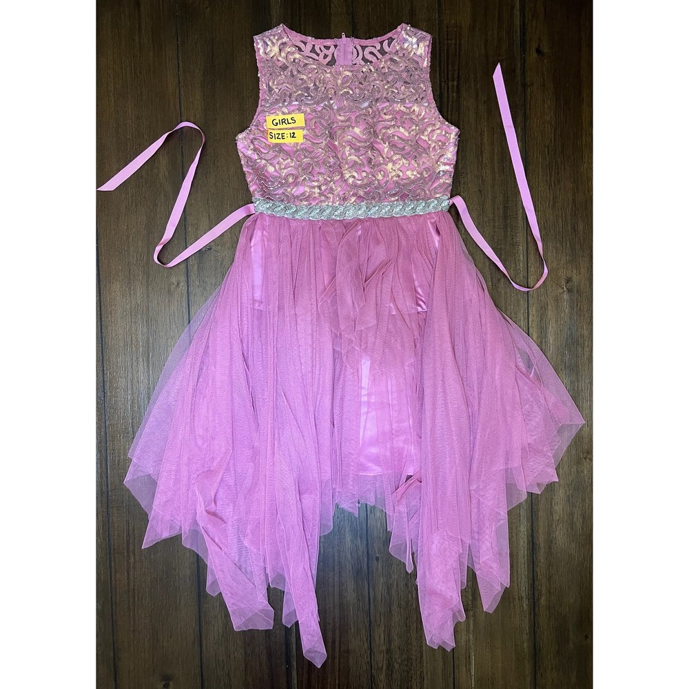Rare Editions Girls Pink Sequin Tulle Handkerchief‎ Hem Party Dress Size 12